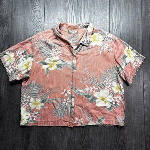 Tommy Bahama Top Women Large Pink Silk Linen Floral Hawaiian Tropic Loop Collar